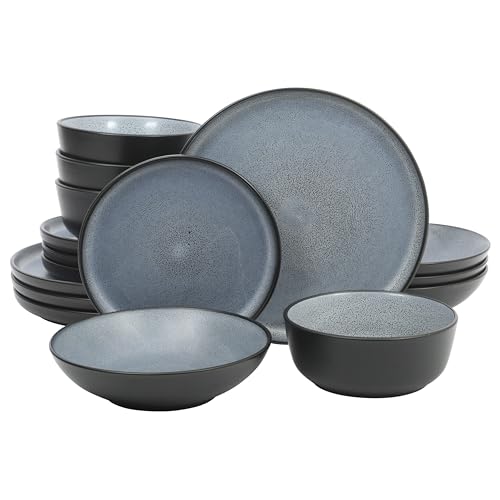 Image of Gibson Elite Tribeca Loft 16-Piece Dinnerware Set - Matte Black and Blue Reactive Glaze Stoneware, Double Bowl Round Plates and Bowls - Modern Rustic Dinnerware for 4, Dishwasher & Microwave Safe