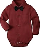 A&J DESIGN Wine Red Baby Boy Dress Shirt Infant Formal Christmas Wedding Romper Gentleman Long Sleeve One Piece Bodysuit with Bowtie 12-18 Months Burgundy