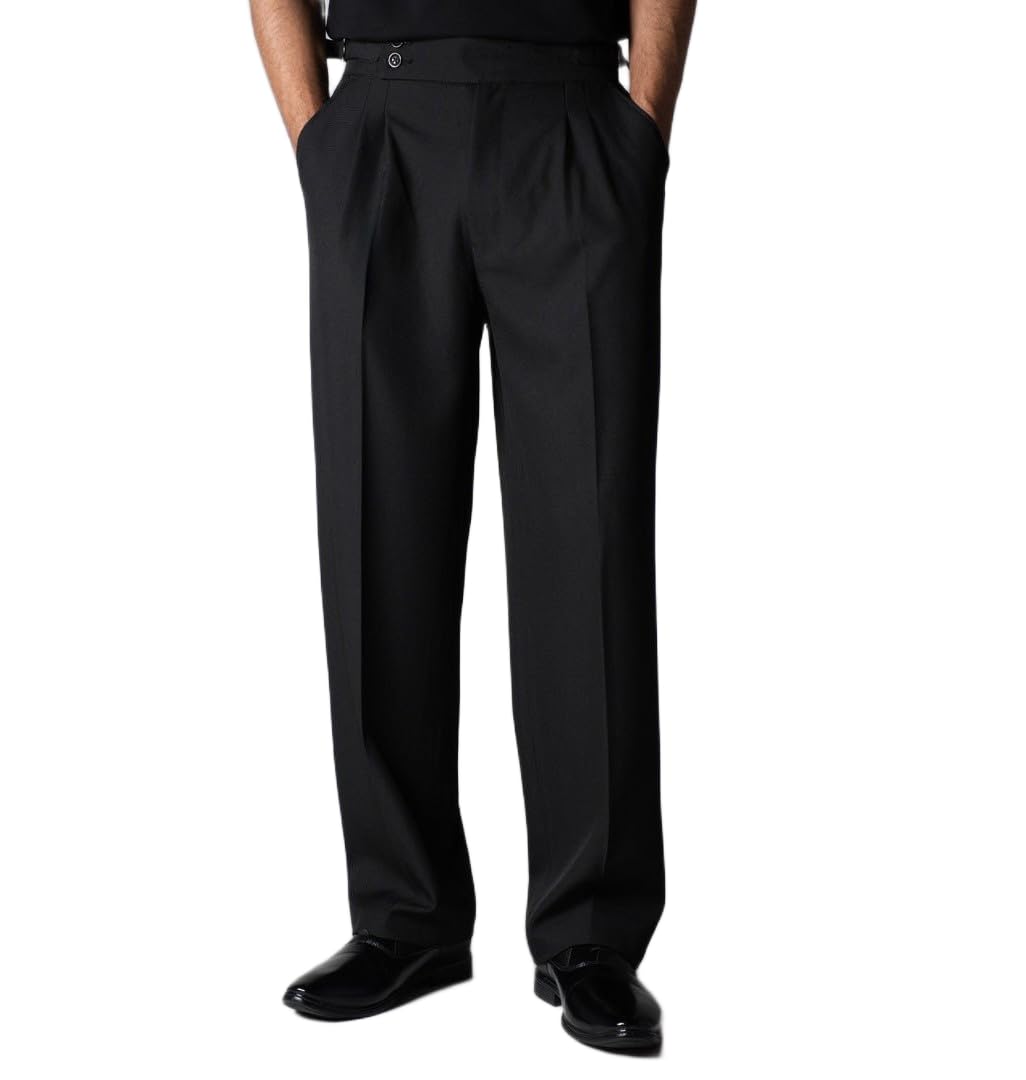 hophead Men Black Double Pleat Straight Fit Trouser | Modern Formal Wear with Adjustable Side Straps | Breathable Imported Fabric Tailored Pant-picture-33