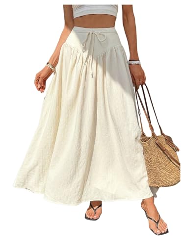 Verdusa Women's Drawstring High Waist Flowy Skirts Coquette Textured Flared Maxi Skirt