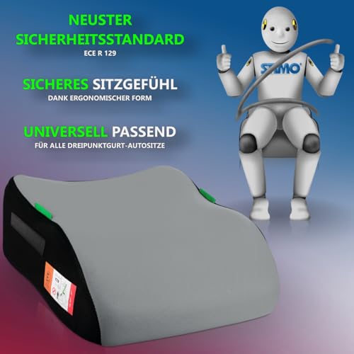 Kindersitzerhöhung Sitzerhöhung ergonomisch Kinder 135-150 cm Auto Sitz ECE R129 Bezug waschbar (Grau)