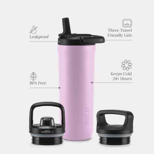 Image of ZULU Base 18oz Kids Stainless Steel Water Bottle with 3 Lids- Straw, Chug, Twist | Double Walled and Vacuum Insulated Metal Thermos | Fits Car Cupholder, Built in Carry Loop, Dishwasher Safe, Pink