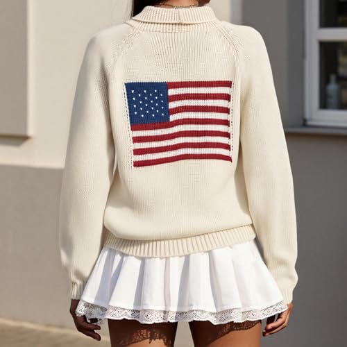 Image of Women's American Flag Knit Sweater Cardigan Fold Collar Cardigans Long Sleeve Button Front Knitwear Shawl Coats