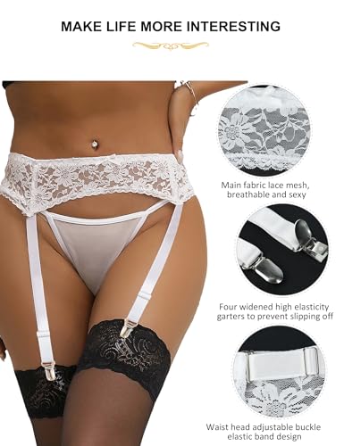 Image of Women Floral Lace Garter Belt Plus Size Mesh Suspender Belt Set with 4 Straps Metal Clip for Thigh Highs