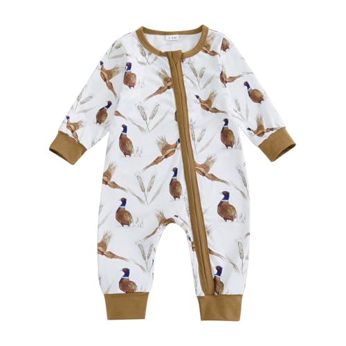 Baby Boy Girl Hunter Clothes Mallard Duck Romper Jumpsuit Long Sleeve Zip Up One Piece Overalls Hunting Baby Clothes (A White, 3-6 Months)