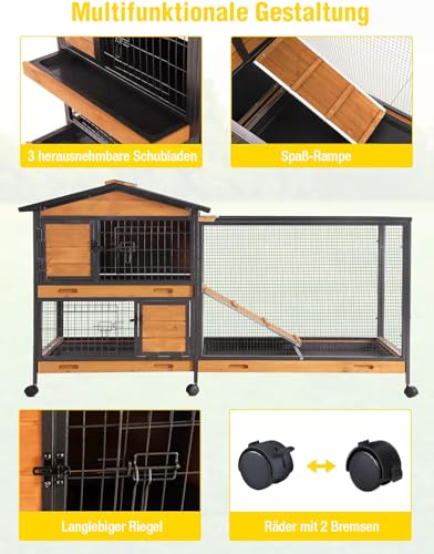 Image of Aivituvin Rabbit Hutch with Buy-Free Metal Frame - Indoor & Outdoor Rabbit Run with Wheels and Leak-proof Storage Tray (Wood Colour)