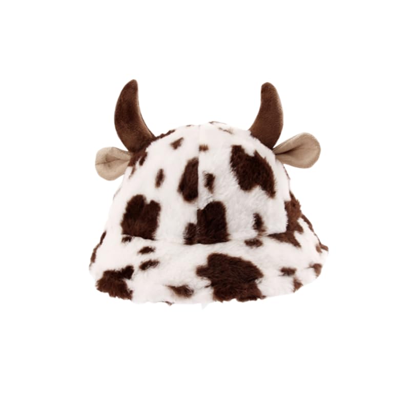 Cow Print Hats Plush Bucket Hat Cap Warm Soft Fisherman Hat Adjustable Winter Spring Furry Fur Bucket Hat for Women Girls Gift for School & Travel Birthday Christmas Coffee