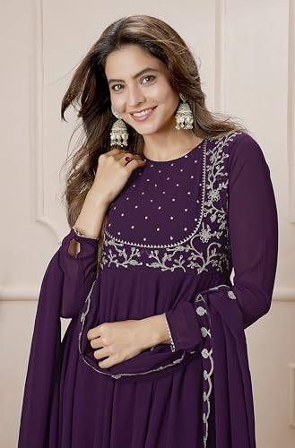 Image of Janasya Women Georgette Embroidered Kurta with Palazzo & Dupatta Purple Color Trending Outfit