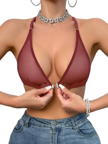 Image of SOLY HUX Women's Sheer Mesh Through Bra Sheer Bralette Front Closure Deep V Neck Wireless Lingerie Sexy Lingerie Bra