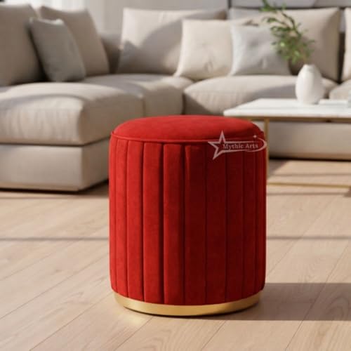 Image of Upholstered Round Linen Strip Stool Living Room Foot Rest Office Stool Pouf Ottoman Padded Seat - RED