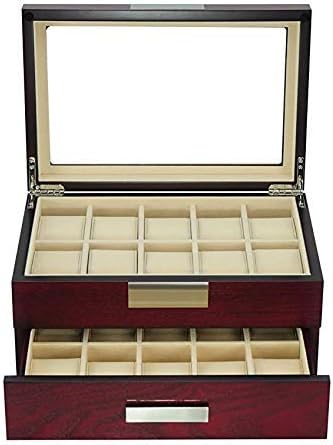 TimelyBuys 20 Cherry Wood Watch Box Display Case 2 Level Storage Jewelry Organizer with Glass Top, Stainless Steel Accents, and Drawer
