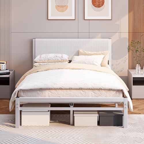 Bett 120x200 mit Lattenrost,Bettgestell Metallbett 120x200 cm mit Kopfteil,Bettrahmen aus Metall-27cm Hoch,Doppelbett Gästebett Jugendbett KeinBoxspringbett mit Stauraum,Weiß