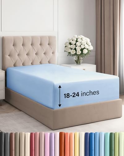 Image of Deep Twin XL Fitted Sheet - College Dorm Room Essentials - Light Blue | Easily Fits 18 inch to 24 inch Mattress, Wrinkle Resistant, Soft, Breathable & Comfy, Extra Deep Pockets Fitted Sheet