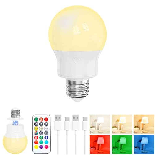 Bombilla LED Recargable E27 con Mando a Distancia, Regulable, Magnética, con Batería, 3 Temperaturas de Color + 9 Colores RGB, 480LM, 3 Timers, para Lámparas sin Corriente, Camping y Emergencia 1 Pack