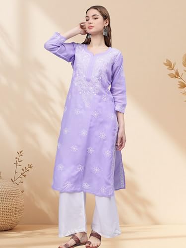 Image of Seva Chikan Hand Embroidered Lucknowi Chikankari Appricoat Peach Terivoil Cotton Kurta for Women SCL4603
