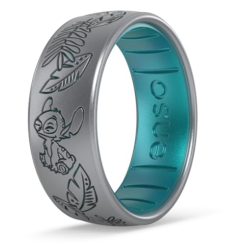 Enso Rings Disney's Lilo & Stitch Dualtone Silicone Ring - Comfortable and Flexible Design - 6.6mm Wide, 1.75mm Thick - Stitch Kiss - Silver/Peacock Quartz - Size 7