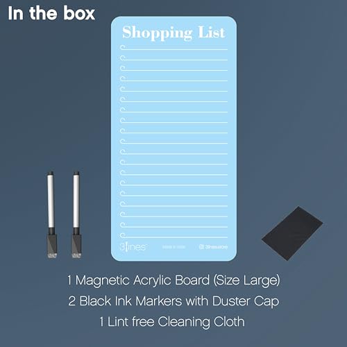 Image of 3 Lines Shopping List Fridge Magnet with Marker|Smart Planning & Shopping for Family, Working Professionals| Acrylic Magnetic Notepad for Kitchen Organisation|12x24 cms|Light Blueberry Color|Large