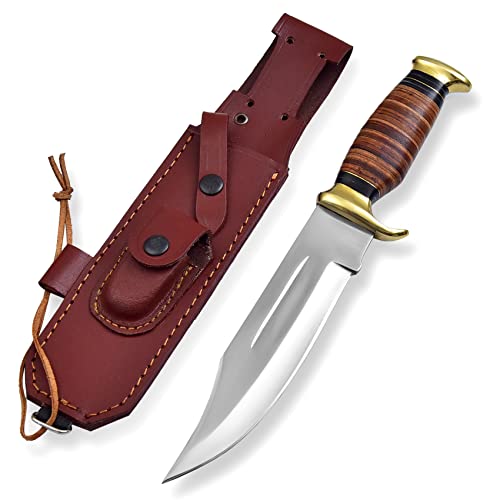 AHAFR KE-0548-HK D 2 Steel 12.5 inch Fixed Blade Bowie Knife | Hunting Knife, Leather Handle | Hunting, Skinning, Camping | Large Hunting Bowie Knife For Men