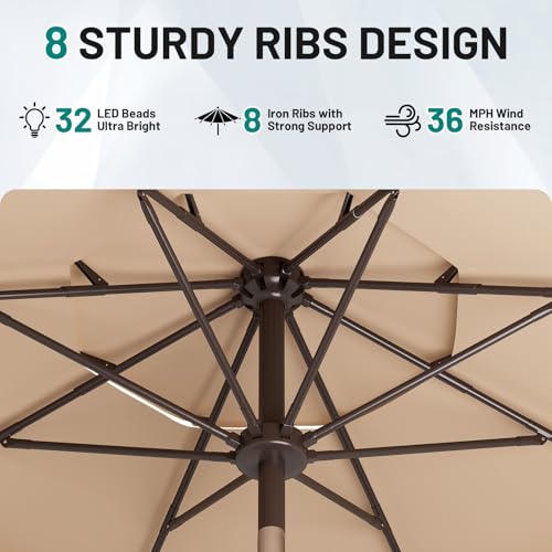 Image of AreShark 9ft 3 Tiers Patio Umbrella with Solar Lights, Outdoor Umbrella w / 32 LED Lights&8 Sturdy Ribs, Table Umbrella for Deck, Backyard, Pool (Beige)