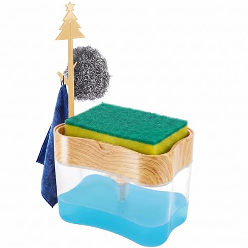 Image of Innovative Bambo Style Dish Soap Dispenser for Kitchen Sink with Sponge Holder, 13 oz Refillable Kitchen Soap Dispenser, Countertop Soap Pump for Dishwashing Liquid, Kitchen Sink Organizer