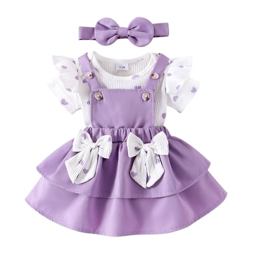 Image of FOCUTEBB Baby Girl Clothes Newborn Romper Love Heart Print Short Sleeved Ruffled Bow Skirt Headband Outfits Set 0-18 Months