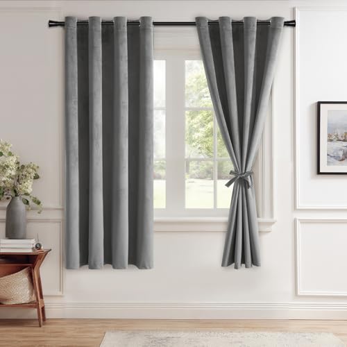 JIUZHEN Grey Velvet Blackout Curtains 63 Inch for Living Room/Bedroom