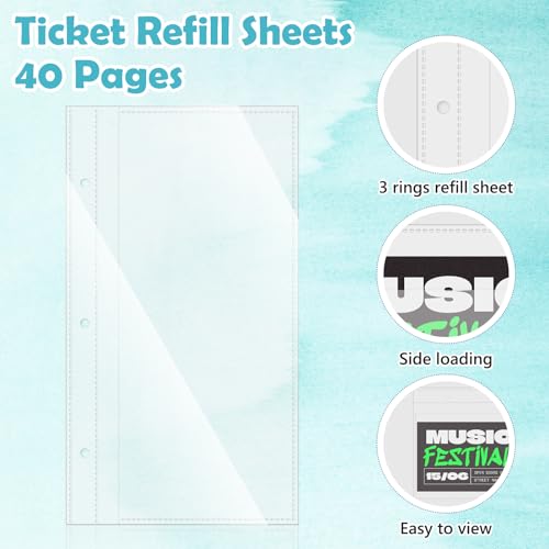 Image of 40 Pages Ticket Stub Holder 3-Hole Ticket Stub Album Refill Page PVC Ticket Refill Sheets Clear Lottery Ticket Holders 8.6 x 4.8 inch Plastic Protective Sleeves for Collectors Travel Tickets (No Book)