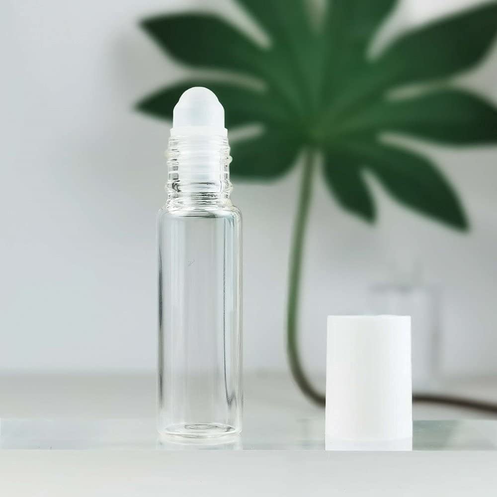 50 szt. butelek z białego szkła – 5 ml, idealne do olejów i podróży, zawiera pokrywki