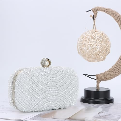 Image of Fecialy Pearl Clutch Purses for Women Wedding Crystal Beaded Evening Handbags Clutch with Pearl Chain