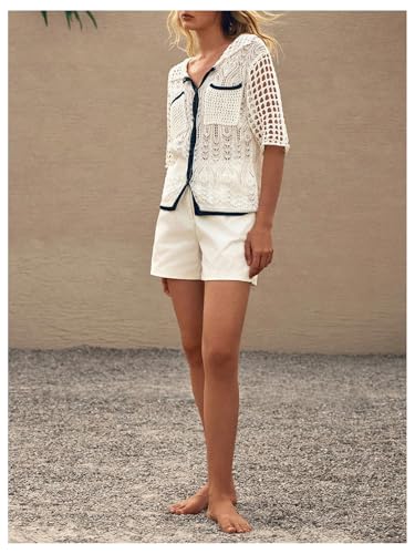 SHENHE Women's Crochet Short Sleeve Button Down Cardigan Hollow Out Lightweight Summer Sweater4