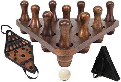 YDDS Shuffleboard Bowling Pin Set with 10 Pcs Premium Hardwood Bowling Pins Durable Triangular Pinsetter Resin Bowling Ball and Carrying Bag, Fun for Shuffleboard Games
