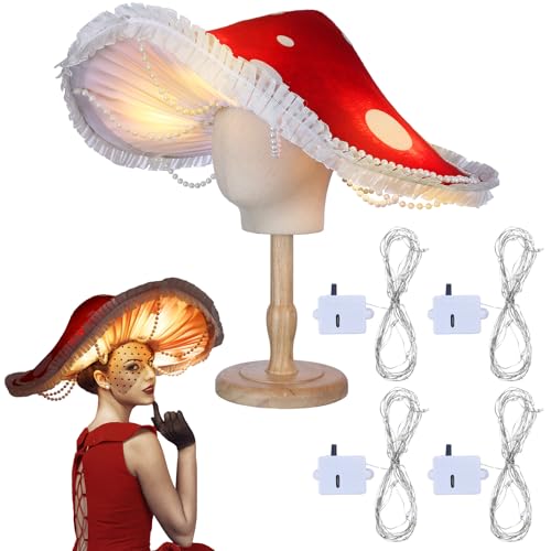 Yearntown LED Light up Mushroom Hat Wonderland Party Fairy Costume Accessory Oversized Renaissance Cosplay Hat with 10 Lights(Red)