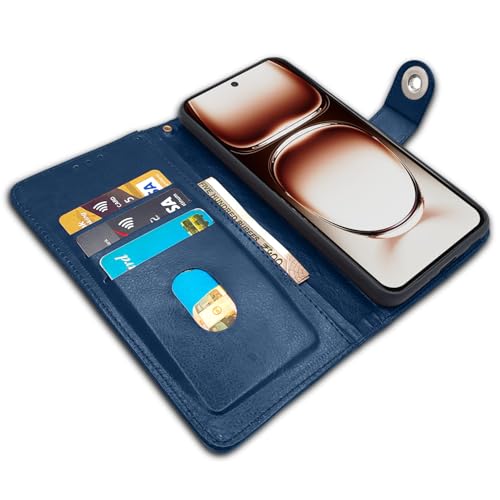 Image of Pikkme Flip Cover Leather Finish | Inside TPU with Card Pockets | Wallet Stand and Shock Proof | Complete Protection Button Flip Case for Oppo Reno 12 Pro 5G (Blue)