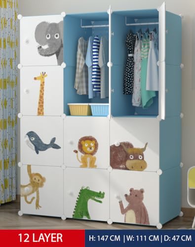 Image of Sunderlook Plastic Wardrobe for Kids Clothes - Collapsible Wardrobe, Easy to Use Anti-Skid & Non-Slip Effective Professional Foldable Plastic Cupboard for Kids, Home (Blue-KTM1, 12 Door)