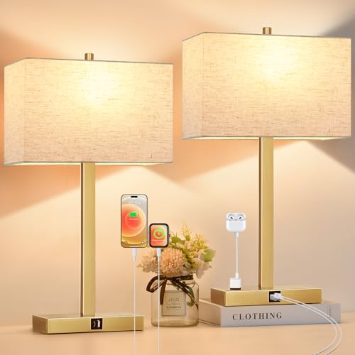 Image of Lynnoland 21 inch Set of 2 Table lamp with USB A+C & AC Outlets, Touch Control 3-Way Dimmable Nightstand Lamps for Living Room Bedroom Office Reading, Linen Shade Touch Lamps, 3000K LED Bulbs Included