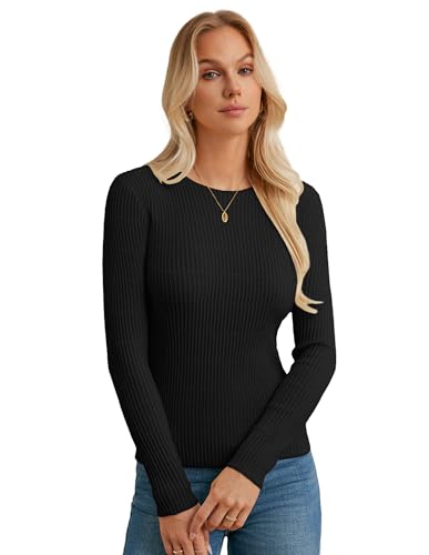 GRACE KARIN Damen Basic Long Sleeve Pullover mit Rundhalsausschnitt Langarm Stretch Geripptes Hemd Oberteile Schwarz S