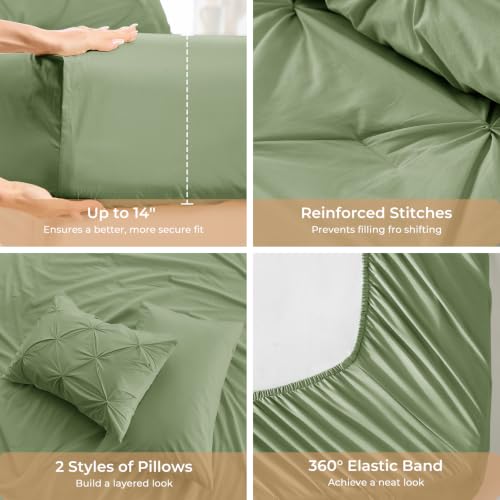 Image of Sasttie Queen Comforter Set, 7-Piece Bed in a Bag, Pintuck Bedding Sets for All Season, Includes Comforter, Flat Sheet, Fitted Sheet, Pillowcases and Pillowshams, Pale Green