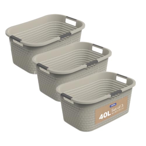 Rotho Country 3er-Set Wäschekorb 40l | Wäschebox in Rattan-Optik | mit Griffen leicht zu tragen | robust & langlebig | einfach zu reinigen & hygienisch | beige