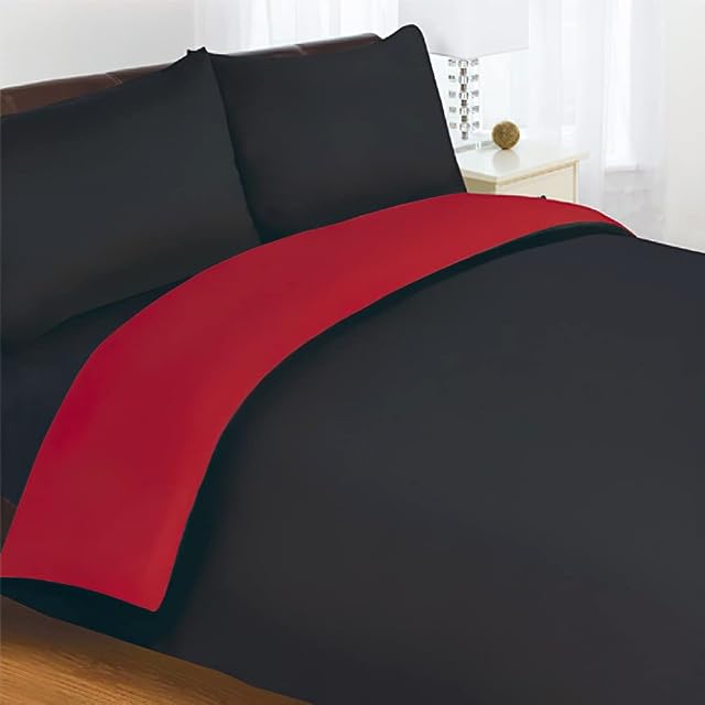 Linens Limited Plain Reversible Complete Bedding Set - Includes Duvet Cover, Fitted Sheet, Pillow Cases, Black/Red, King