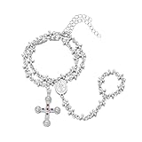 QRH Rosario de crucifijo, pulsera de cadena de eslabones cruzados, oro y plata, crucifijo Jesús, Virgen María, pulsera de cadena de mano, joyería religiosa católica cristiana para confirmación