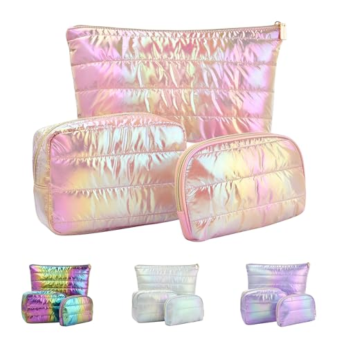 Hiroyuki Iridescent Quilted Makeup Bag, 3pcs Cute Makeup Bag Set, Large Capacity Cosmetic Organizer...