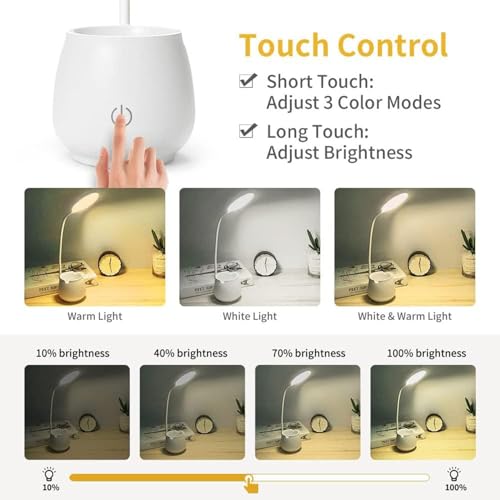 Image of Rechargeable LED Study Lamp with Flexible Arm & Phone Holder -3 Color Modes, Adjustable Brightness Desk Light for Reading, Study, Work, Bedside Table Lamp for Home, Office & Students (Portable)