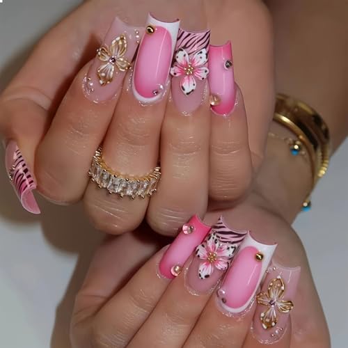 GlamRays Pack of 24 Y2K Pink Leopard Flowers 3D Glitter Stripes Long Coffin Nail Tips