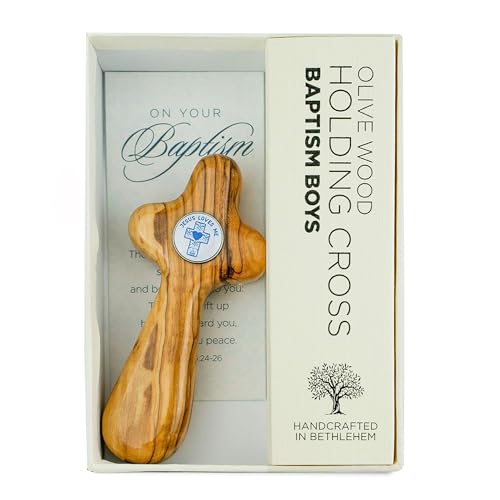 Olive Wood Boys Baptism Cross – Deluxe Handcrafted Holy Land Wooden Cross From Bethlehem – Handheld Boys Baptism Keepsake w/ Certificate & Scripture Card – Ideal Catholic Baptism Gifts for Boys