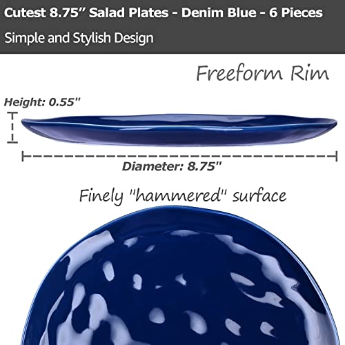 Miicol Porcelain Salad Luncheon Plates Set Of 6- 8.75 Inch Ceramic Shallow Dishes For Pasta, Appetizer, Dessert, Pancakes- Modern Rustic Handmade Look Dinnerware, Denim Blue #TOP1