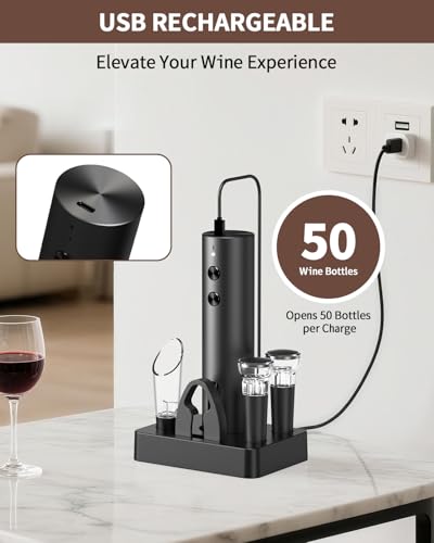 Image of CIRCLE JOY Rechargeable Electric Wine Opener, 6-In-1 Cordless Electric Wine Bottle Opener with Pourer, Foil Cutter, 2 Vacuum Preservation Stoppers and Storage Base, Gifts for Wine Lovers