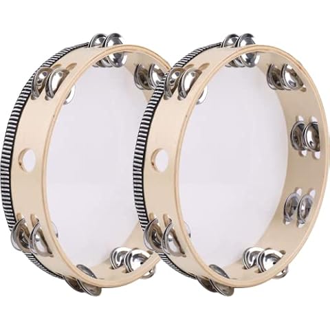 2 Pack Tambourine for Adults Wooden Tambourine 10 inch Hand Held Tambourine Metal Jingles Single Row Instrument Handheld Tambourine Drum for Church, KTV, Musical Educational Cover