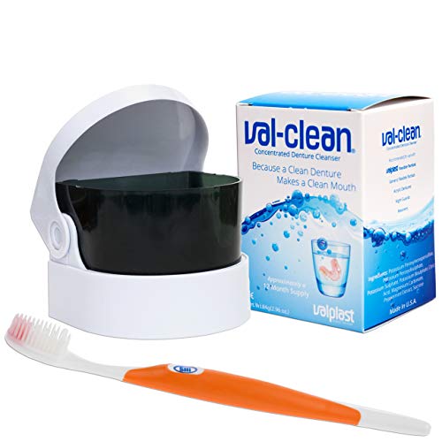 Valplast Paquete de Cuidado para Dentadura Flexible ~ 12 Meses Sobres de Val-Clean, Limpiador Sónico, Cepillo de Silicona (Cepillo Naranja)