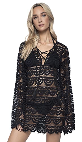PQ Swim Women's Noah Black Gold Tunic Cover-Up - Scalloped Hem, Lace Up Front Tie