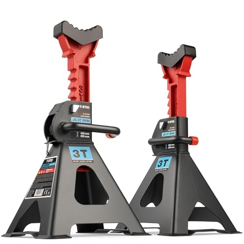 Soportes de Taller JS 3T RPIN con Almohadillas de Goma y pasadores de Seguridad   Caballete para Vehiculos   Capacidad de Elevación 3T   1 par (2 Piezas)   Ajustable en la Gama 295 425 mm